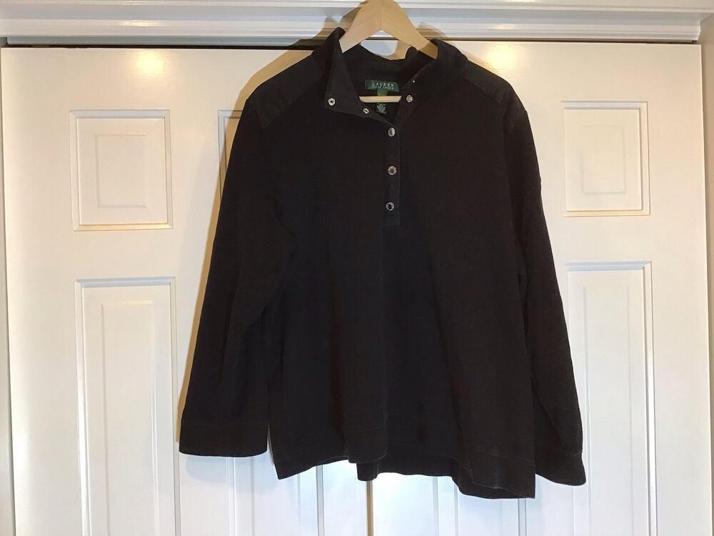 Lauren Ralph Lauren Women Black Cotton Silver Snap High Neck Sweater 3X Classic
